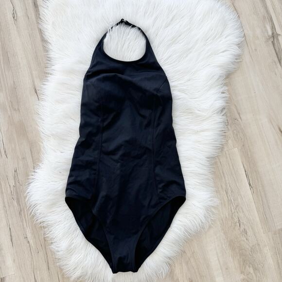 Athleta One Piece Halter Open Back Swimsuit Black Padded Bra Small - Picture 1 of 5